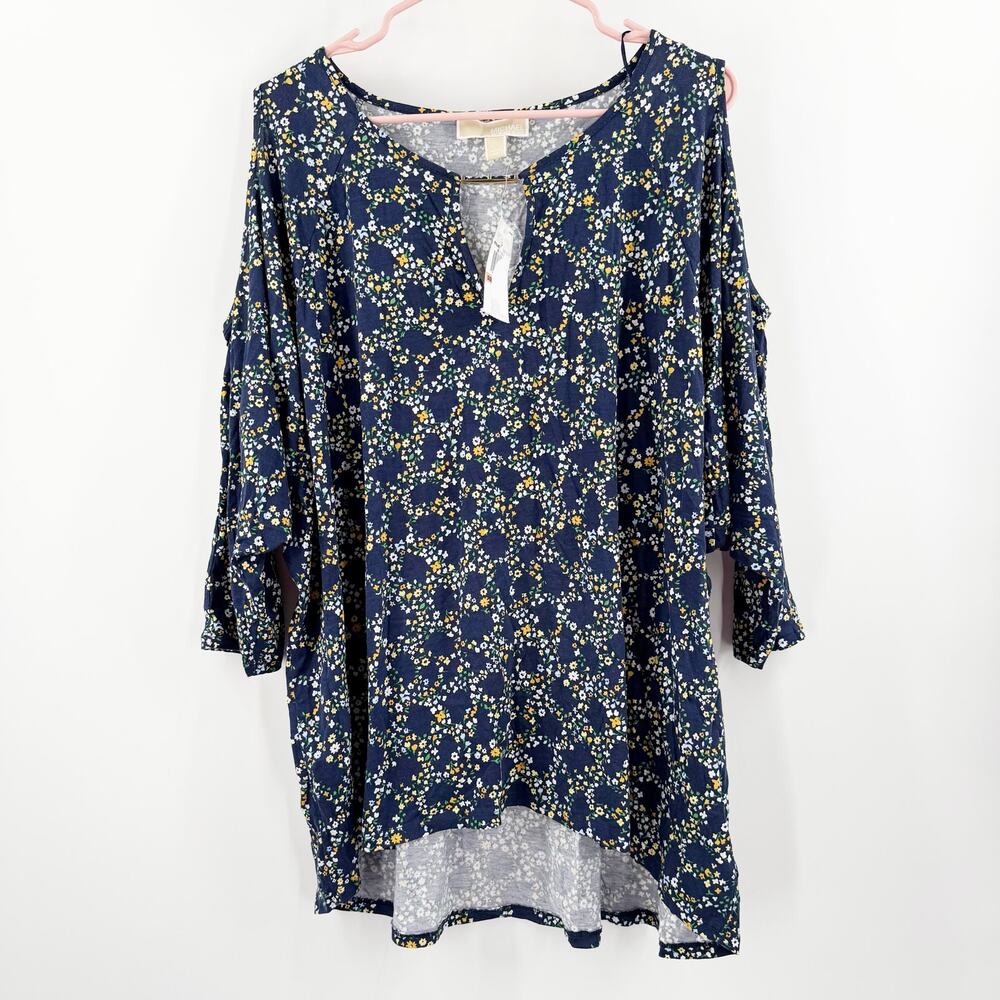 Michael Kors Blouse Cold Shoulder Size 2X NWT Navy Taxi Yellow Plus Curvy Top
